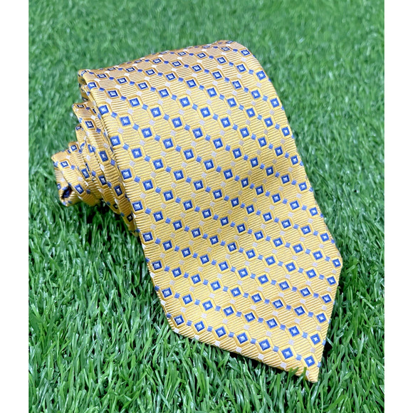 ROOSTER MENS Silk Geometric TIE YELLOW WITH GOLD BLUE AND WHITE 3 X 61 - Picture 1 of 6